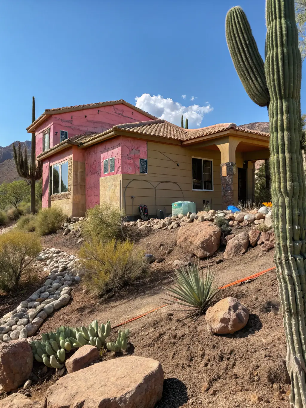 A construction site with waterproofing materials being applied, alongside a completed desert home with visible water-resistant features, illustrating Queen Creek Waterdamage's new home water damage solutions.