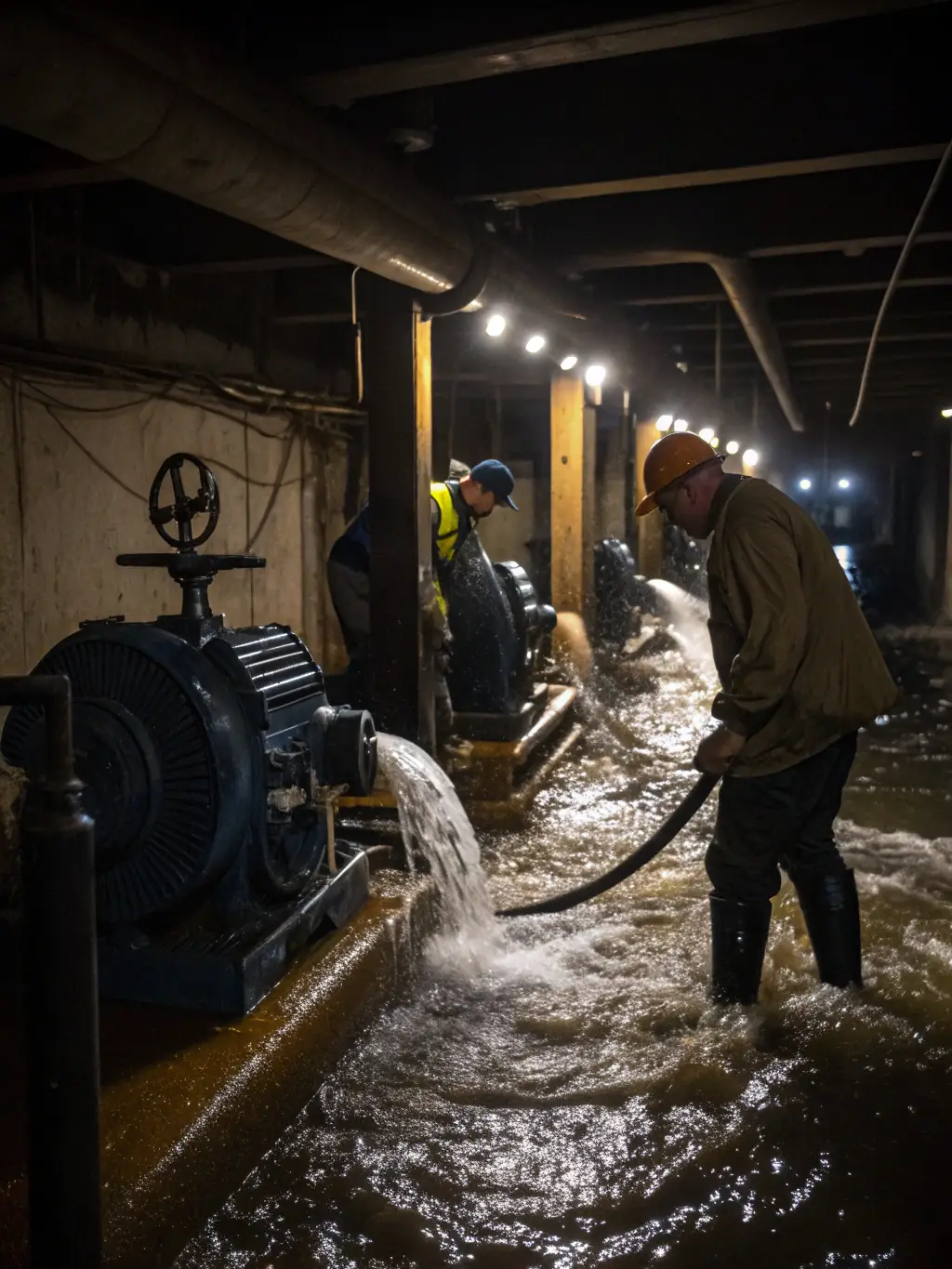 A technician using industrial-grade water pumps to extract water from a flooded basement, with water hoses and equipment visible, showcasing Queen Creek Waterdamage's emergency water extraction service.
