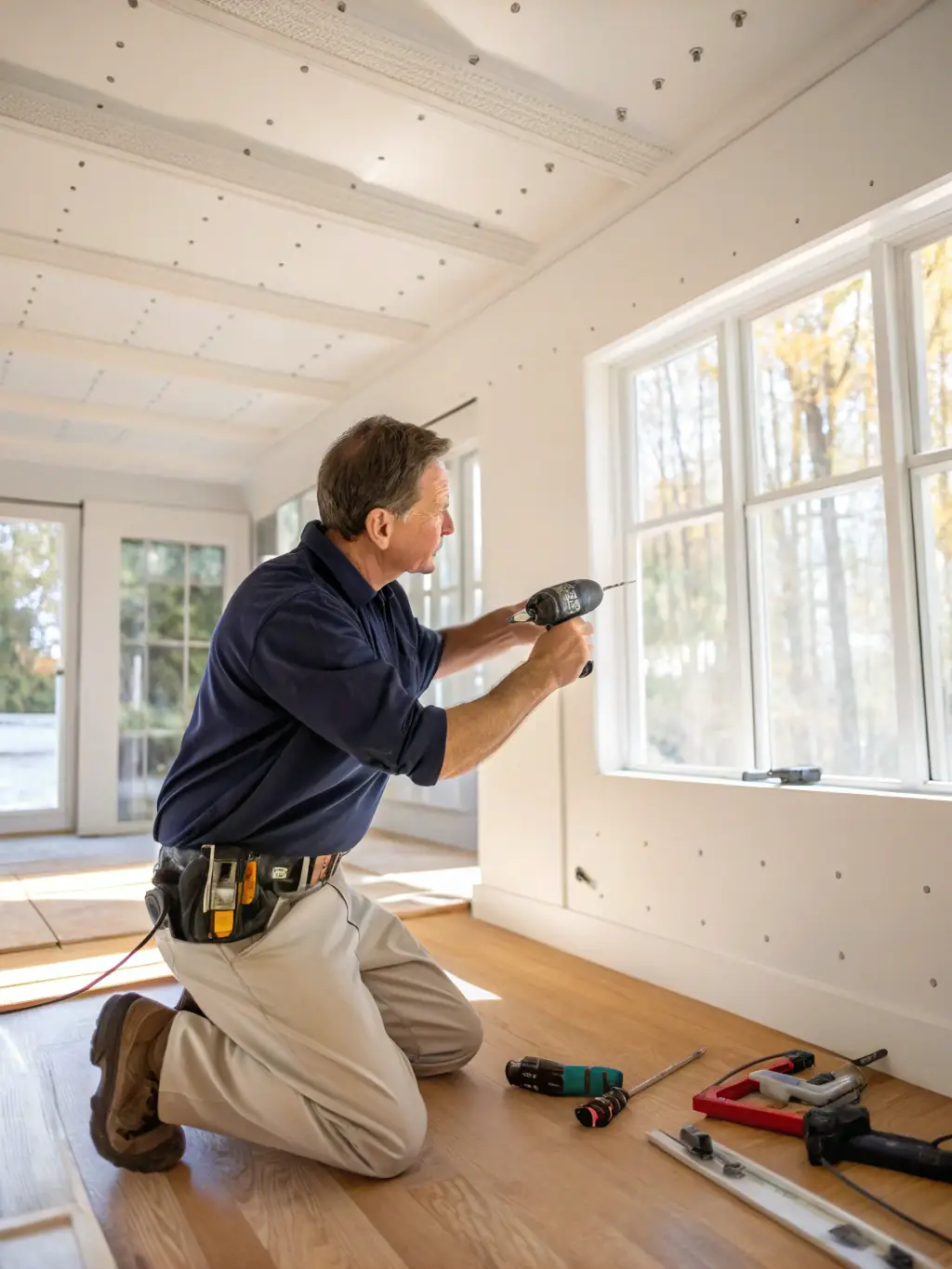 A technician repairing drywall and installing new flooring in a water-damaged room, with tools and materials on site, demonstrating Queen Creek Waterdamage's complete restoration services.