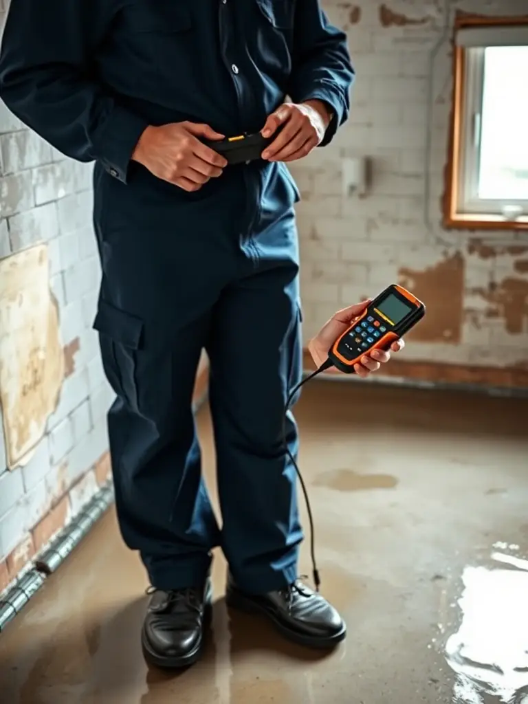 A photo of a Queen Creek Waterdamage technician using advanced water extraction equipment in a flooded living room, showcasing their rapid response and professional approach.